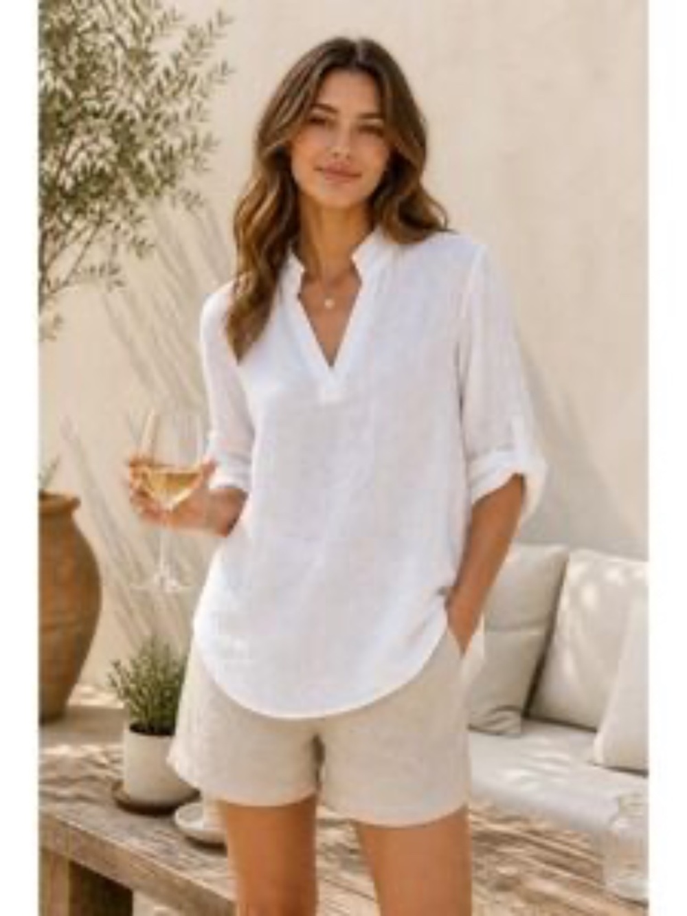RoseMarine~White 100% Linen Tunic Top~Ruffled Neckline~Made in Italy~Size S